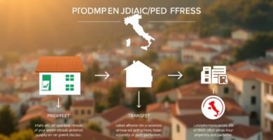 Immagine di informazioni con simboli sui trasferimenti e sui costi di trasferimento della proprietà con una città sullo sfondo