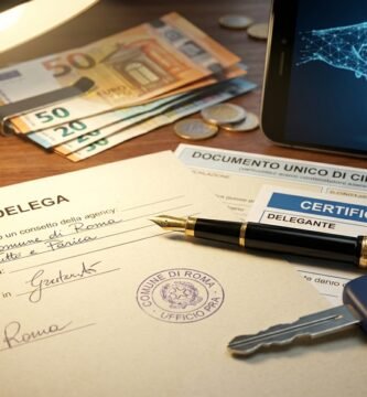 Immagine di un documento di delega, certificati di proprietà, chiavi, penne, una lampada e un tablet con simboli finanziari.