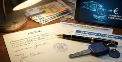 Immagine di un documento di delega, certificati di proprietà, chiavi, penne, una lampada e un tablet con simboli finanziari.