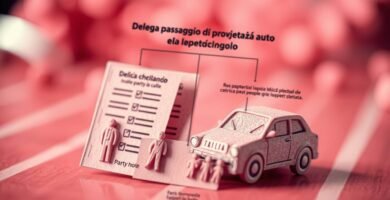 Immagine a forma di bambola di un'auto accanto a persone con testo sul trasferimento di proprietà