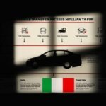 Immagine su sfondo nero e in ombra di un'auto accanto alla bandiera italiana e alle informazioni sul passaggio di proprietà