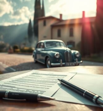 Immagine di alcuni documenti accanto a una penna con un'auto d'epoca sullo sfondo