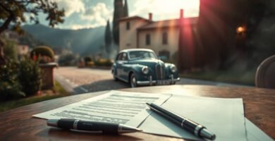 Immagine di alcuni documenti accanto a una penna con un'auto d'epoca sullo sfondo