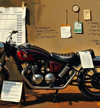 Immagine di una motocicletta in una stanza con informazioni e documenti relativi al passaggio di proprietà attorno ad essa.