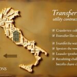 Immagine di una mappa dell'Italia con informazioni sul trasferimento dei servizi su sfondo marrone.