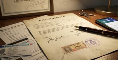 Immagine di un atto di proprietà, una penna, alcuni documenti d'identità e una lampada, il tutto su una scrivania.