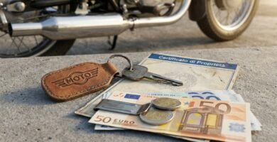 Immagine di un libretto di circolazione, banconote in euro, monete e una chiave sul pavimento, con una motocicletta sullo sfondo.