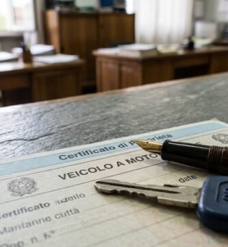 Immagine di un documento di proprietà di una motocicletta accanto a delle chiavi e una penna all'interno di un ufficio.
