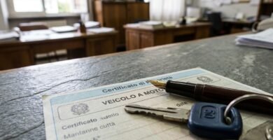 Immagine di un documento di proprietà di una motocicletta accanto a delle chiavi e una penna all'interno di un ufficio.