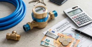 Immagine di un contatore dell'acqua accanto a una calcolatrice, banconote in euro, un documento di prevenzione, un tubo flessibile blu e delle chiavi.