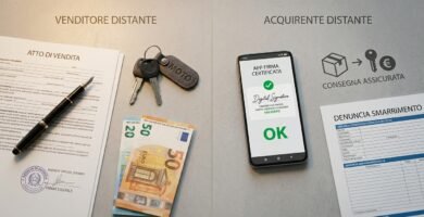 Immagine di un tavolo con documenti per il trasferimento di proprietà a distanza, chiavi, banconote e un telefono cellulare con un'applicazione per il trasferimento.