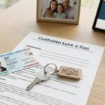Immagine di un contratto di fornitura di gas accanto a delle chiavi, un documento d'identità, una penna, una foto di famiglia e un tablet con il titolo dell'articolo sullo schermo.