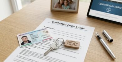Immagine di un contratto di fornitura di gas accanto a delle chiavi, un documento d'identità, una penna, una foto di famiglia e un tablet con il titolo dell'articolo sullo schermo.