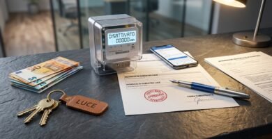 Immagine di un contatore elettrico, chiavi, banconote in euro, una penna e un documento di richiesta di proprietà.