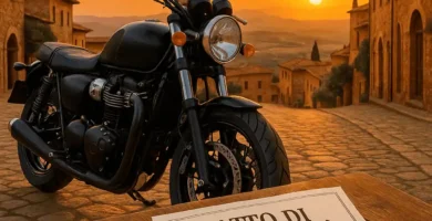 Immagine di una motocicletta nera accanto a un documento di proprietà al tramonto