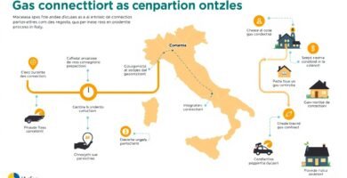 Immagine di un'infografica su sfondo bianco con al centro la mappa dell'Italia e informazioni sull'allacciamento del servizio gas con simboli attorno.