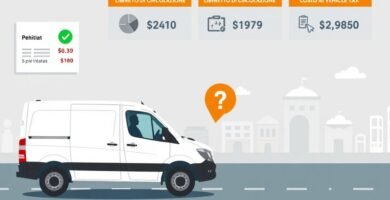 Immagine di un furgone su strada con informazioni sul trasferimento di proprietà, il tutto in stile cartone animato.