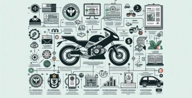 Immagine su sfondo azzurro di una motocicletta nera al centro, accanto a simboli e testo sul trasferimento di proprietà della motocicletta.