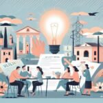 Immagine su sfondo grigio di un gruppo di persone con una casa al centro accanto a elementi di servizio pubblico come una lampadina, il tutto in stile disegno