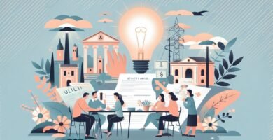 Immagine su sfondo grigio di un gruppo di persone con una casa al centro accanto a elementi di servizio pubblico come una lampadina, il tutto in stile disegno