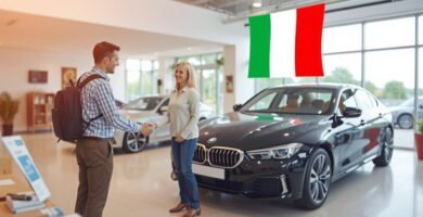 Immagine di due persone in una concessionaria di automobili che concludono un affare accanto a un'auto