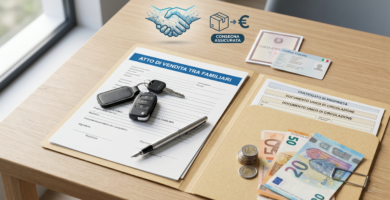 Immagine di una scrivania con documenti e cartelle per il trasferimento di proprietà, chiavi, penna, banconote in euro e una carta di proprietà.