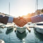 Immagine di due persone su un molo che si stringono la mano con piccole imbarcazioni sullo sfondo