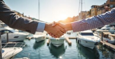 Immagine di due persone su un molo che si stringono la mano con piccole imbarcazioni sullo sfondo