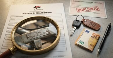 Immagine di una lente d'ingrandimento che esamina un documento di reclamo, con chiavi e banconote in euro nelle vicinanze.