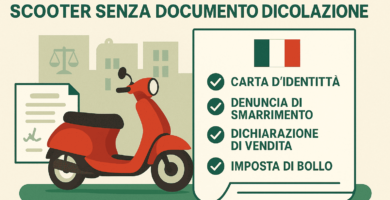 Immagine di una motocicletta in stile cartone animato su sfondo bianco, insieme a informazioni sul trasferimento di proprietà.