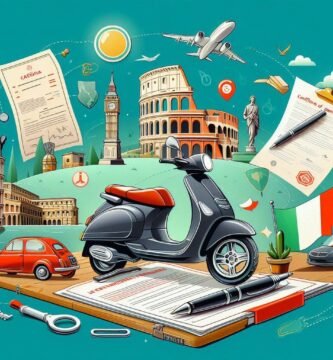 Immagine di uno scooter accanto ad altri elementi come automobili, documenti, aerei, il Colosseo romano e altri su uno sfondo azzurro