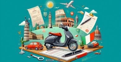 Immagine di uno scooter accanto ad altri elementi come automobili, documenti, aerei, il Colosseo romano e altri su uno sfondo azzurro