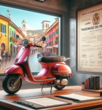 Immagine in stile animazione di uno scooter su una scrivania accanto a un grande documento di possesso sul muro