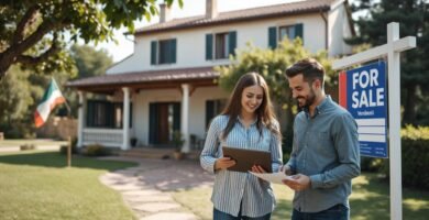 Immagine di una coppia fuori da una casa in vendita che legge un documento