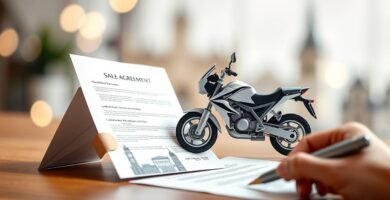 Immagine ravvicinata di una persona che firma un documento accanto a una motocicletta giocattolo e a un certificato di proprietà.