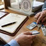 Immagine ravvicinata di una scrivania con un contratto di trasferimento di proprietà del veicolo e le chiavi del veicolo.