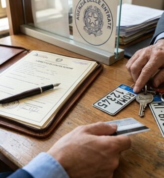 Immagine ravvicinata di una scrivania con un contratto di trasferimento di proprietà del veicolo e le chiavi del veicolo.
