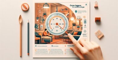 Immagine di una foglia con un contatore del gas al centro e informazioni sulla sua lettura intorno ad essa