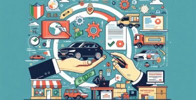 Immagine su sfondo azzurro di un'auto tenuta in mano, con vari elementi riguardanti veicoli, denaro, vendite e aspetti relativi al trasferimento di proprietà del veicolo.
