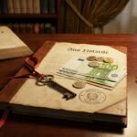 Immagine di alcuni vecchi documenti su una scrivania marrone accanto a una chiave