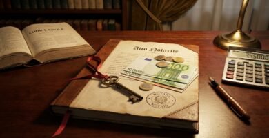 Immagine di alcuni vecchi documenti su una scrivania marrone accanto a una chiave