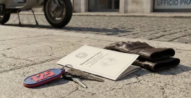 Immagine di un atto di proprietà, chiavi, guanti da motociclista e una motocicletta sullo sfondo.