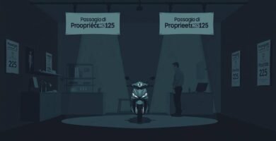 Immagine caricaturale di una motocicletta in una stanza buia illuminata da due riflettori.