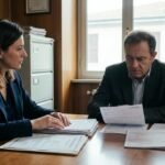 Immagine di due funzionari che esaminano documenti all'interno di un ufficio.