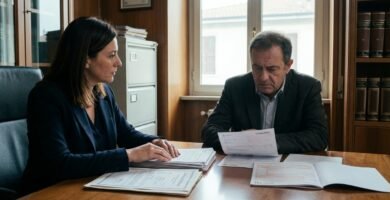 Immagine di due funzionari che esaminano documenti all'interno di un ufficio.