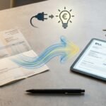 Immagine di una scrivania con documenti di proprietà, chiavi, una ricevuta e il disegno di una freccia con il simbolo di una lampadina.