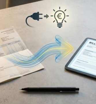 Immagine di una scrivania con documenti di proprietà, chiavi, una ricevuta e il disegno di una freccia con il simbolo di una lampadina.