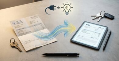 Immagine di una scrivania con documenti di proprietà, chiavi, una ricevuta e il disegno di una freccia con il simbolo di una lampadina.