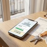 Immagine di un telefono cellulare su una scrivania con i risultati di una simulazione di prima registrazione di residenza accanto ad alcune chiavi, documenti e una tazza di caffè.