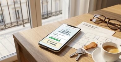 Immagine di un telefono cellulare su una scrivania con i risultati di una simulazione di prima registrazione di residenza accanto ad alcune chiavi, documenti e una tazza di caffè.